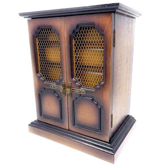 London Leather Wood Jewelry Box 2 screen Doors Armoire 5 Drawers Music Box Works - Picture 1 of 6